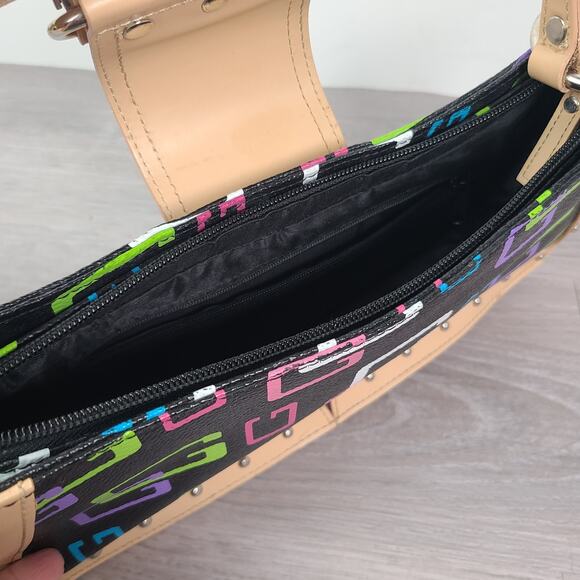 Guess Baguette Shoulder Bag Multicolor G Logo Black Tan Trim Y2K - Picture 5 of 5